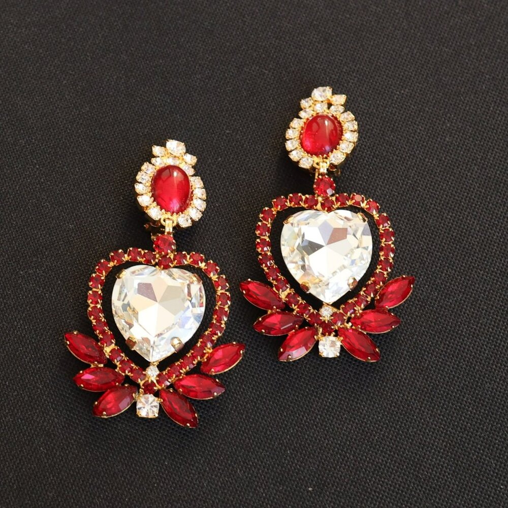 Red and Crystal Moans Heart Earrings designed by Christopher Crouch